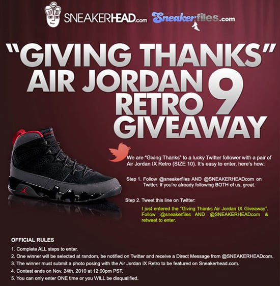 SneakerHead.com x SneakerFiles.com Giving Thanks Air Jordan 9 Retro Giveway