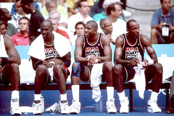 Magic Johnson with Drexler and Jordan taking a break 1992 Olympic