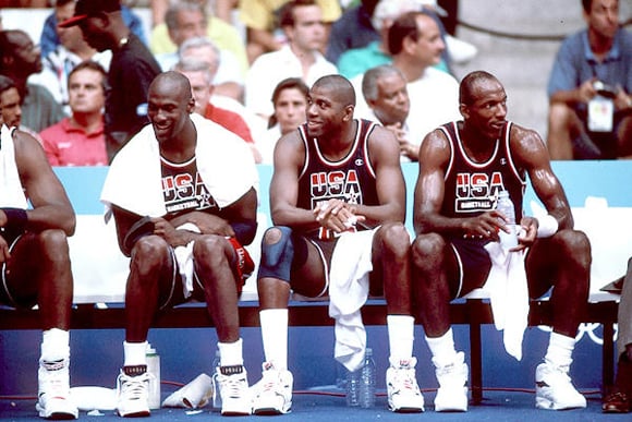 Magic Johnson with Drexler and Jordan taking a break 1992 Olympic Magic Johnson with Drexler and Jordan taking a break 1992 Olympic
