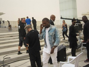 Celebrity Sneaker Watch: Kanye West in YMC Snakeskin Deck Shoes on Set of “Mercy”