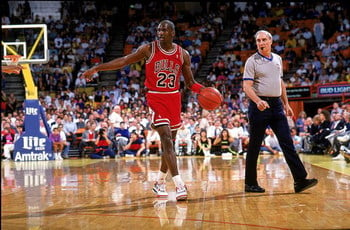 Michael Jordan Taking Ball up the Court in 1989 Fire Red 4
