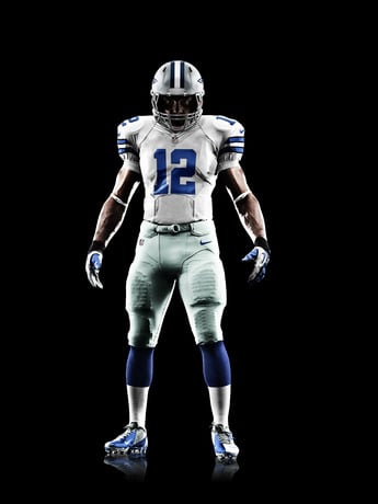 Tonight the NY Giants and Dallas Cowboys will take the field for the NFL season opener wearing Nike’s next-generation NFL uniforms. The NFL Nike Elite 51 Uniform is the most innovative NFL uniform to ever hit the field, delivering superior lightweight performance in a fully integrated system of dress for athletes at the highest level. This uniquely engineered chassis and baselayer combination provides everything an athlete needs and nothing he doesn’t need. Rooted in body-led design, the uniform system is built for a body-contoured fit resulting in zero distractions in order to help amplify speed.  In addition to the new fabrication, teams chose varying levels of design changes reflecting their unique heritage. Both the Giants and the Cowboys have chosen to keep their traditional design aesthetic; however, the Giants stepped into both the new jersey and pant fabrication while the Cowboys have chosen to wear the new jersey threads and keep their former pant fabrication. They’ve also consolidated several colors of blue in the uniform to one distinct hue.  As a player, Nike’s co-founder Bill Bowerman wore the number 51, and after serving in the 10th Mountain Division in WWII he understood the importance of a uniform in battle. Lightweight mattered, as did movement and strength. As a coach, Bowerman knew that extra ounces added up and less weight meant increased mobility and speed.  What Bowerman started, Nike continues to perfect, crafting a fully integrated system of dress where the athlete’s baselayer works in concert with his entire uniform – true innovation from the inside out. Lightweight padding is integrated directly into the crucial “hit zones” in the baselayer. New innovations include integrating Flywire technology into the neckline to reduce weight and provide lockdown fit over pads, increasing sleeve articulation for better range of motion, and integrating new four-way stretch fabrication to provide a streamlined shrink-wrap fit. A design that enables speed without compromise.   THE NFL NIKE ELITE 51 – A Completely Integrated System of Dress  Key features include:  LIGHTER –The Nike jersey and pant, wet or dry are much lighter than previous versions  FLYWIRE TECHNOLOGY- Eliminates layers, reduces weight, and provides lockdown fit  ZONED MESH VENTILATION – Provides cooling zones for optimal thermoregulation  ZONED STRENGTH - High tenacity, stretch material, for light weight lockdown strength  CUT FOR MOBILITY – Four-way stretch, hydrophobic materials enable range of motion wet or dry  STRETCH TWILL NUMBERS – Four-way stretch even on numbering system  CUSTOMIZABLE BASELAYER PADDING – Nike Pro Combat Hyperstrong baselayer with integrated lightweight, Deflex padding offering customizable flexible protection  DEFLEX PADDING - Lightweight, flexible impact protection integrated into top “hit zone” areas  ALUMINUM D-RING BELT - Aircraft-grade aluminum D-ring belt reduces weight  The uniform also features the Nike Vapor Game Sock – a highly innovative sock designed specifically for football. The knee-high design combines compression, Nike Pro inspired cushioning, mesh venting and structure precisely where needed.  The Nike Vapor Jet 2.0 Gloves deliver a lightweight, breathable and articulated fit combined with innovative Magnigrip on the palms and between the fingers for a tacky grip suitable for all weather conditions. The team logo is featured prominently on the palm when athletes interlock both hands.  The Nike Vapor Talon Elite cleat is designed to maximize speed with premium performance attributes including adaptive traction, Hyperfuse construction and carbon fiber strength. Utilizing the best of Nike’s proven technologies, it provides lightweight traction and durability and a lockdown fit. Built for diverse ground conditions, the adaptive traction system utilizes on-demand forefoot talon cleats for multi-directional field movement.   Visit the NFL section of NikeInc.com for more details on Nike's team uniforms.
