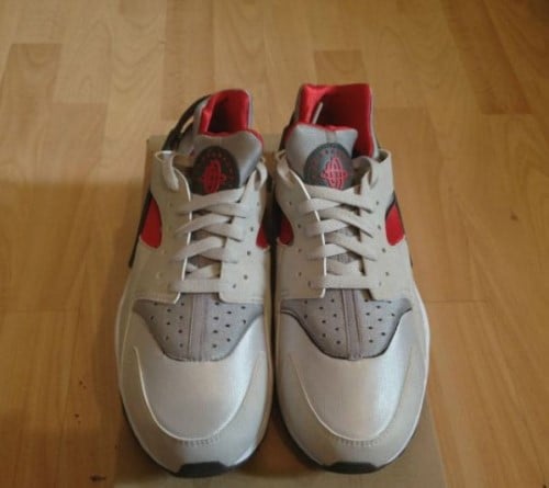 grey and red huaraches