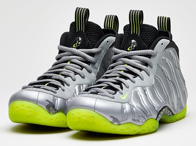 silver and lime green foamposites