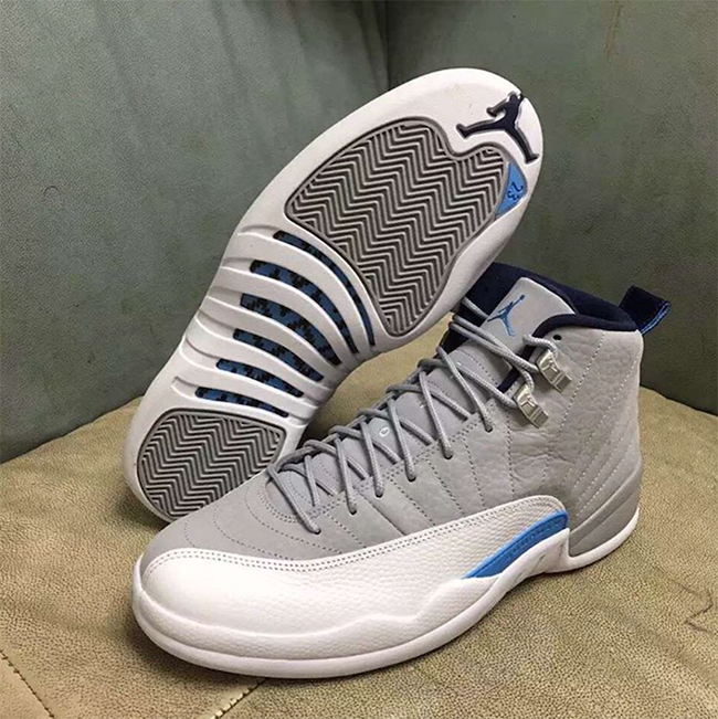 jordan 12 grey university blue on feet