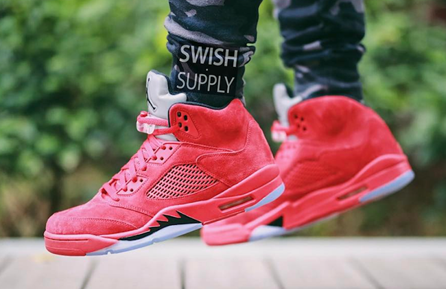 Red Suede Air Jordan 5 On Feet
