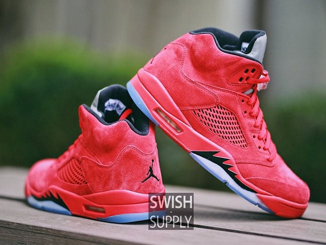 Red Suede Air Jordan 5 On Feet