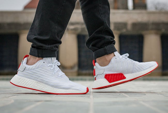 adidas NMD R2 Primeknit White Core Red On Feet