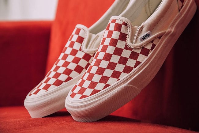 vans red and white checkered slip ons