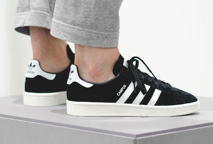 black and white adidas campus