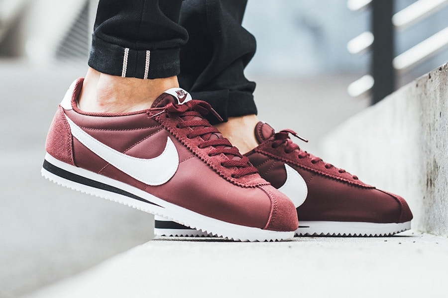 burgundy and white nike cortez