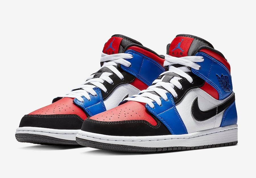 red and blue and white jordans