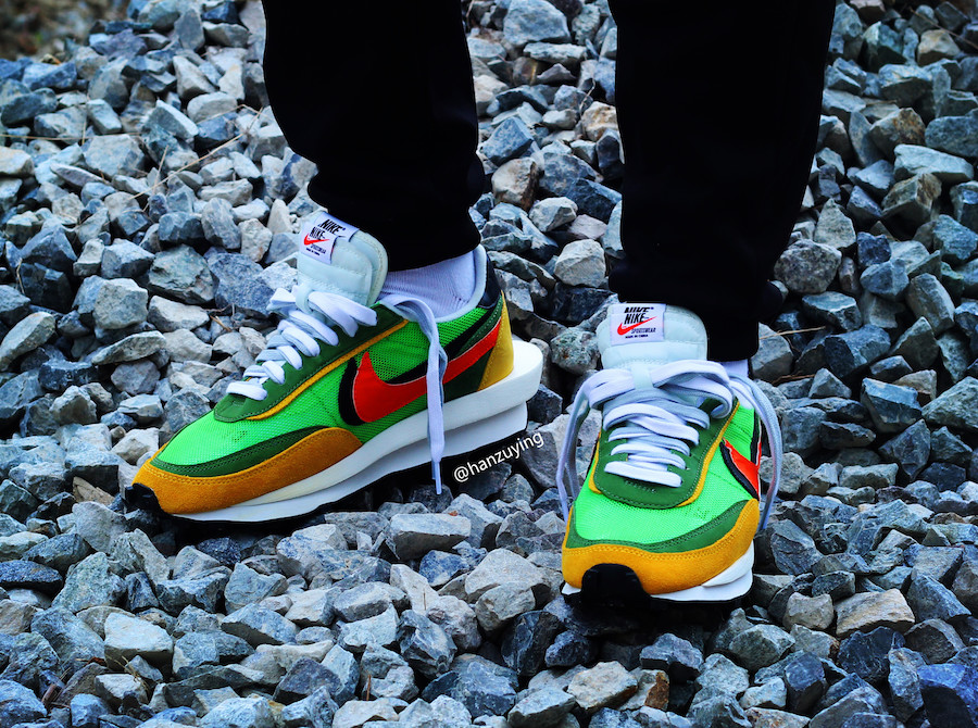 sacai waffle pine green on feet