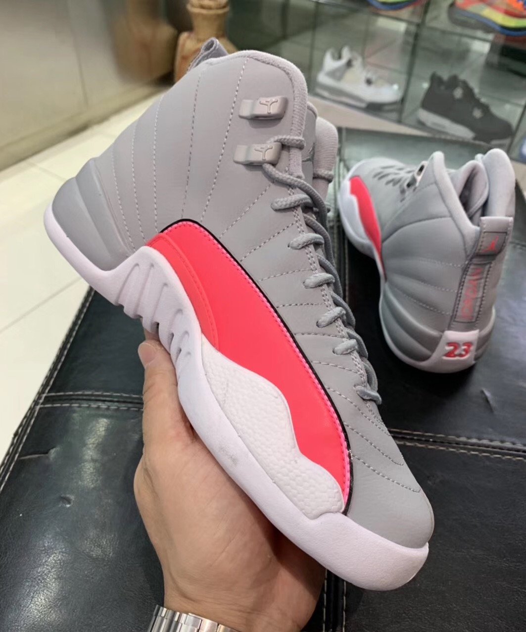 gray and pink jordan 12