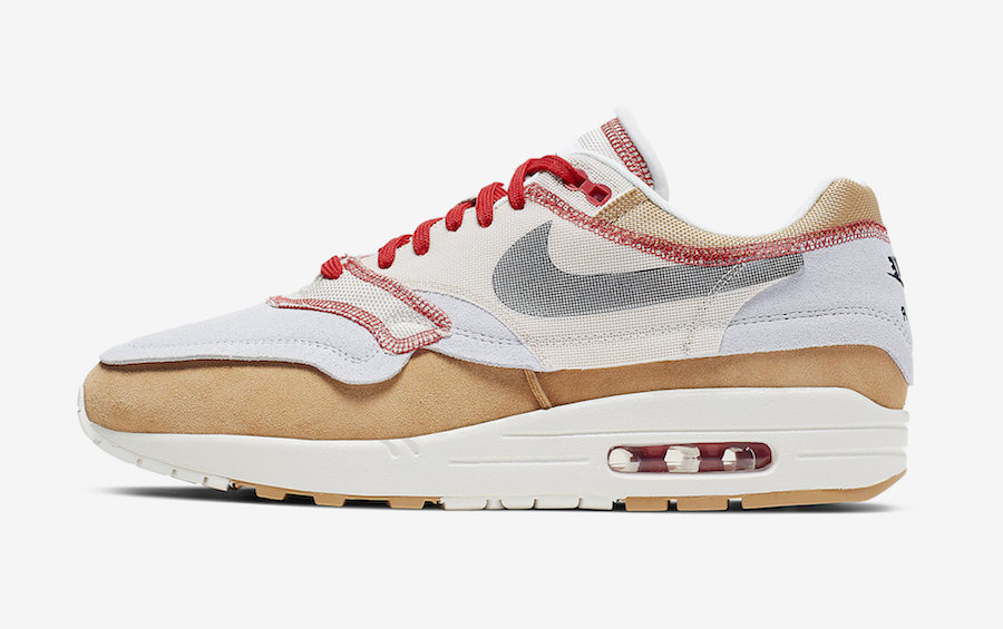 Nike Air Max 1 Inside Out Club Gold Black Pure Platinum Desert Sand Sail University Red 858876-713 Release Details