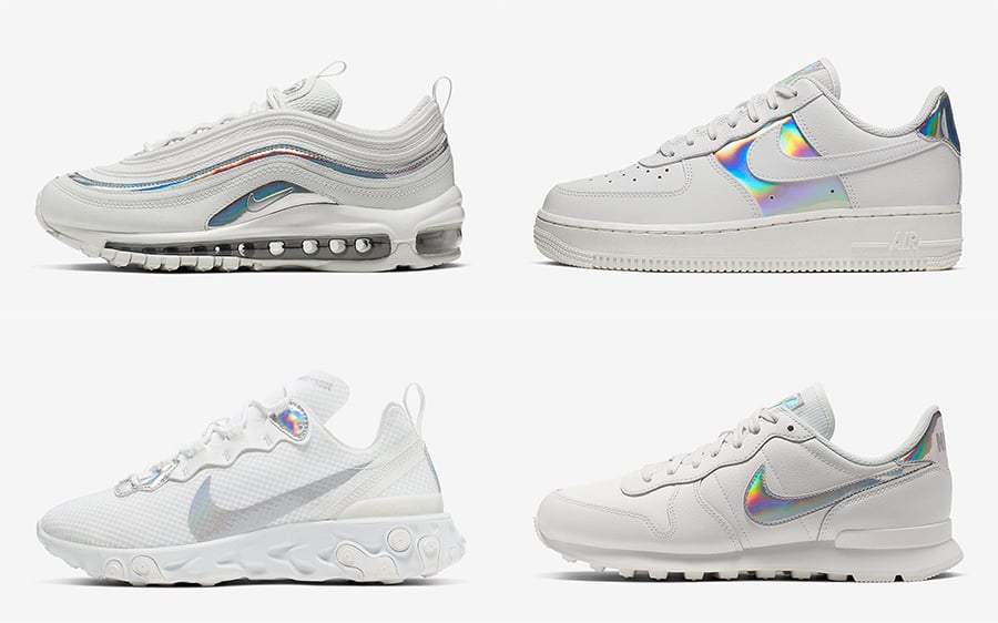 Nike White Iridescent Air Max 97, Air Force 1 Low, React Element 55, Internationalist Release Date Info | SneakerFiles