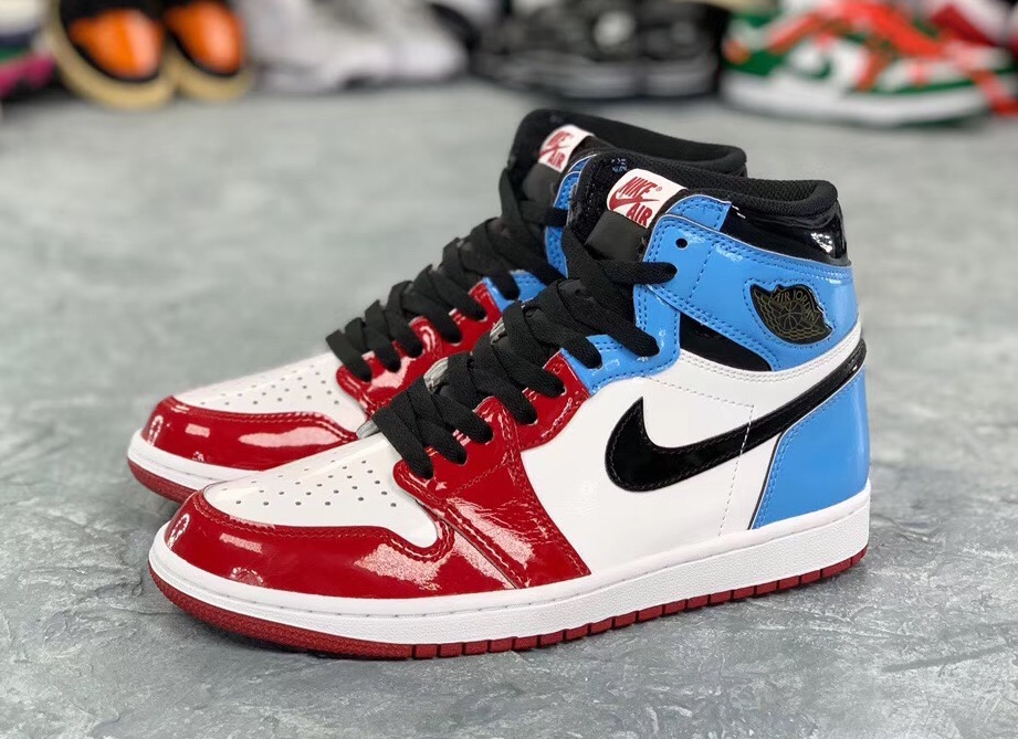 red and blue patent leather jordan 1