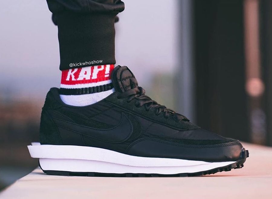 sacai Nike LDWaffle Black Nylon Suede On Feet