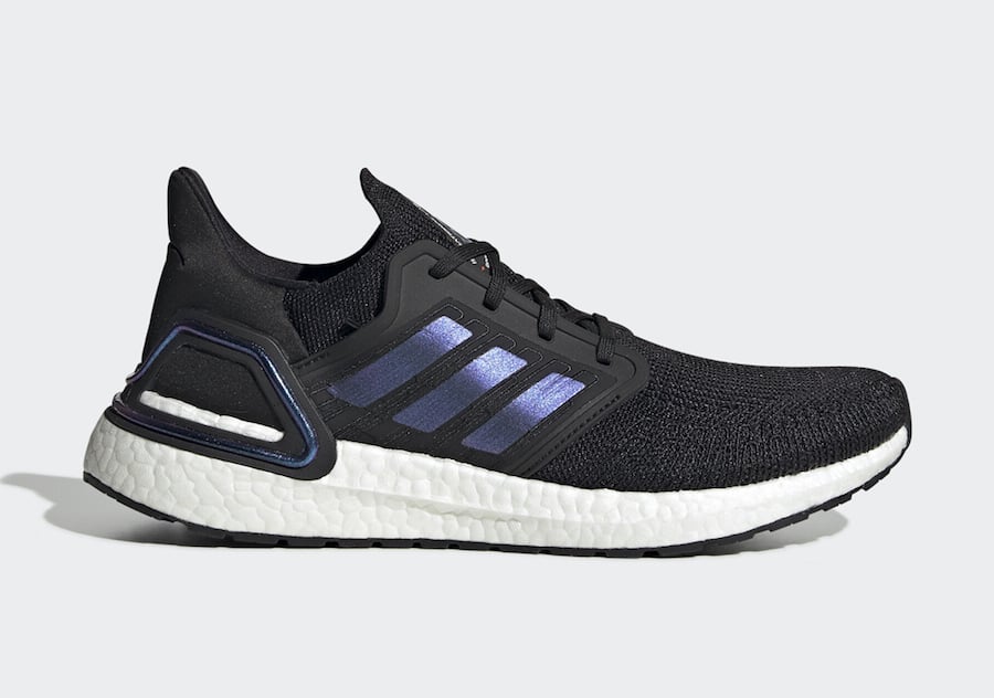 adidas Ultra Boost 2020 in Core Black with Blue Violet Metallic Three Stripes