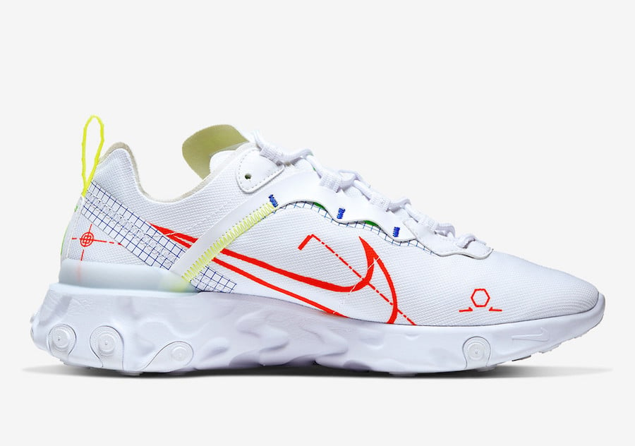 Nike React Element 55 Schematic White Blue Green Crimson CU3009-101 Release Date Info