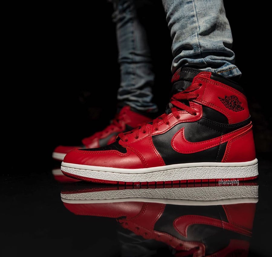 Air Jordan 1 Hi 85 Varsity Red Reverse Bred BQ4422-600 On Feet