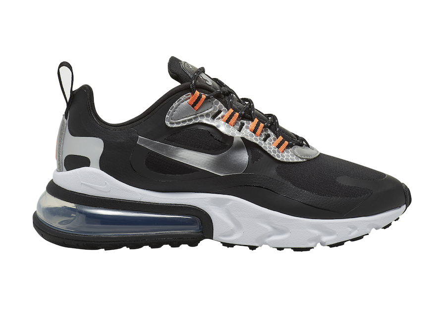 Nike Air Max 270 React in Black with Silver and Orange Accents