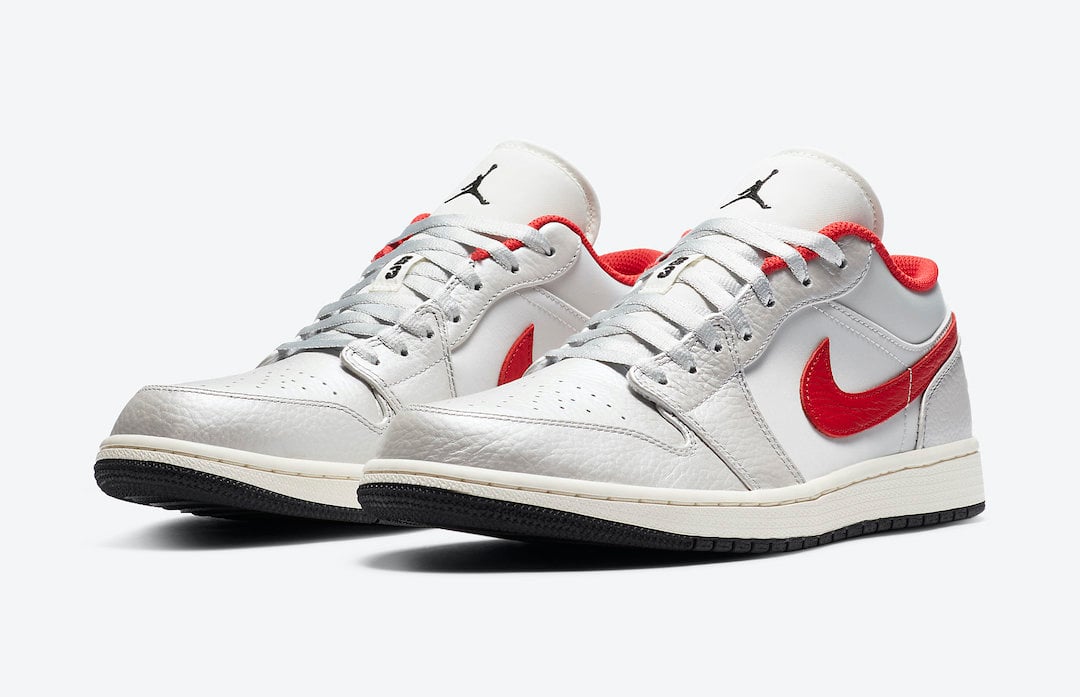 Air Jordan 1 Low in White and Red with Tumbled Leather Swoosh Logos