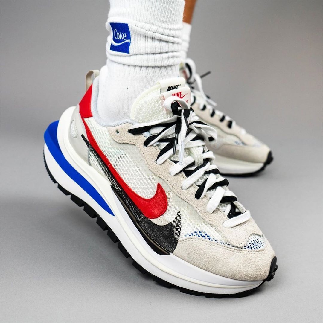 sacai Nike VaporWaffle Sail Light Bone Game Royal CV1363-100 On Feet