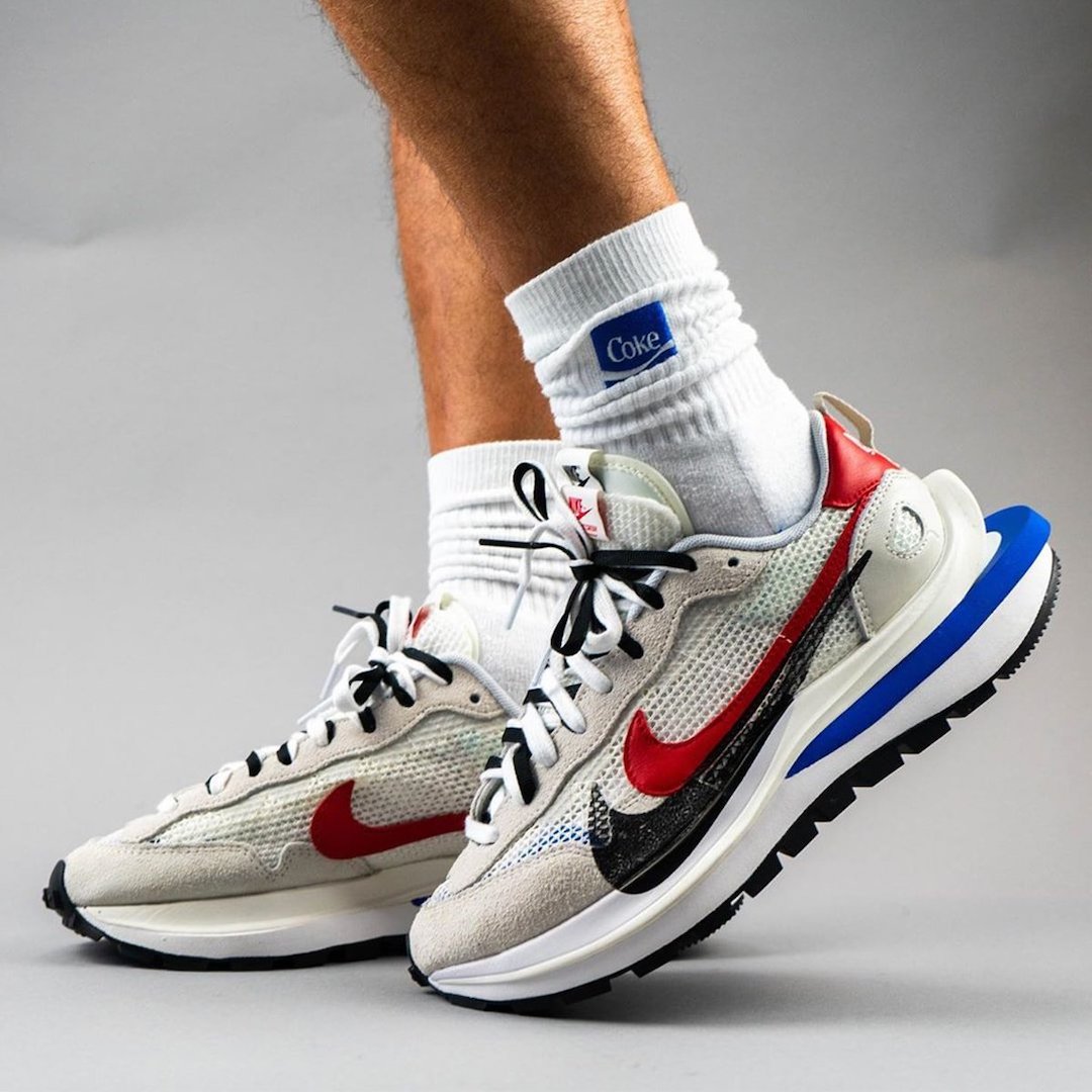 sacai Nike VaporWaffle Sail Light Bone Game Royal CV1363-100 On Feet
