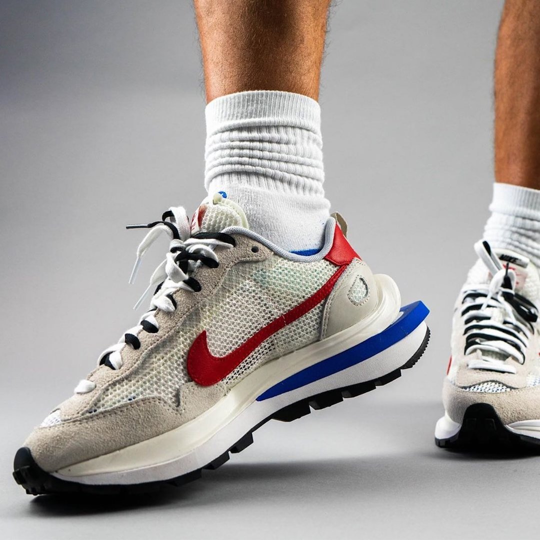 sacai Nike VaporWaffle Sail Light Bone Game Royal CV1363-100 On Feet