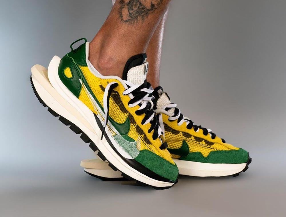 sacai Nike VaporWaffle Tour Yellow Stadium Green CV1363-700 On Feet