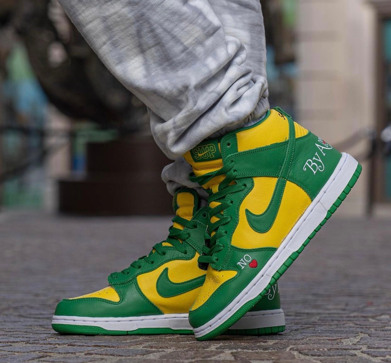 Supreme Nike SB Dunk High Brazil By Any Means DN3741-700 On-Feet