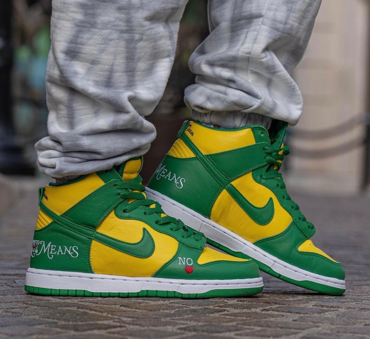 Supreme Nike SB Dunk High Brazil By Any Means DN3741-700 On-Feet