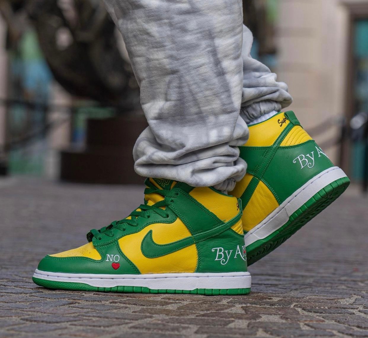 Supreme Nike SB Dunk High Brazil By Any Means DN3741-700 On-Feet