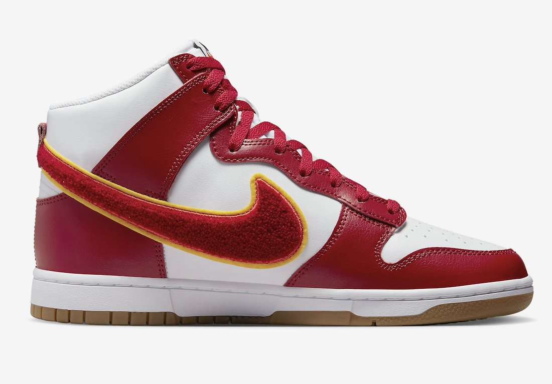 Nike Dunk High Chenille Swoosh White Gym Red Yellow Ochre Gum DR8805-101 Release Date Info