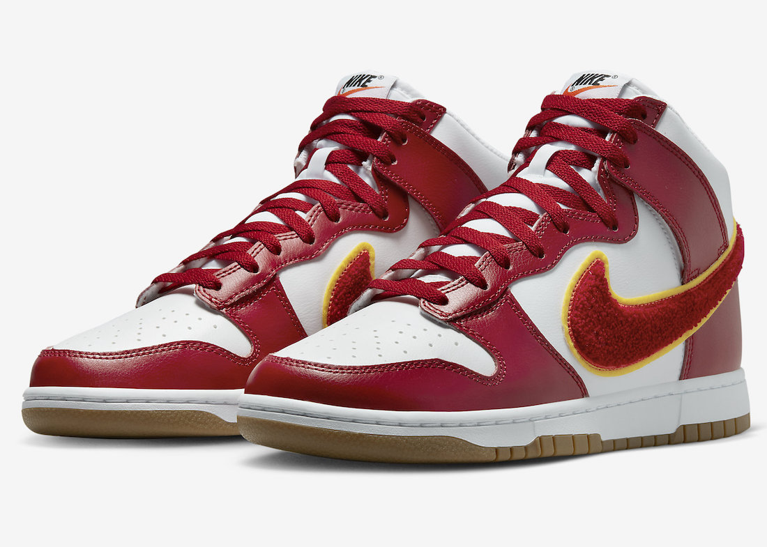 Nike Dunk High Chenille Swoosh White Gym Red Yellow Ochre Gum DR8805-101 Release Date Info