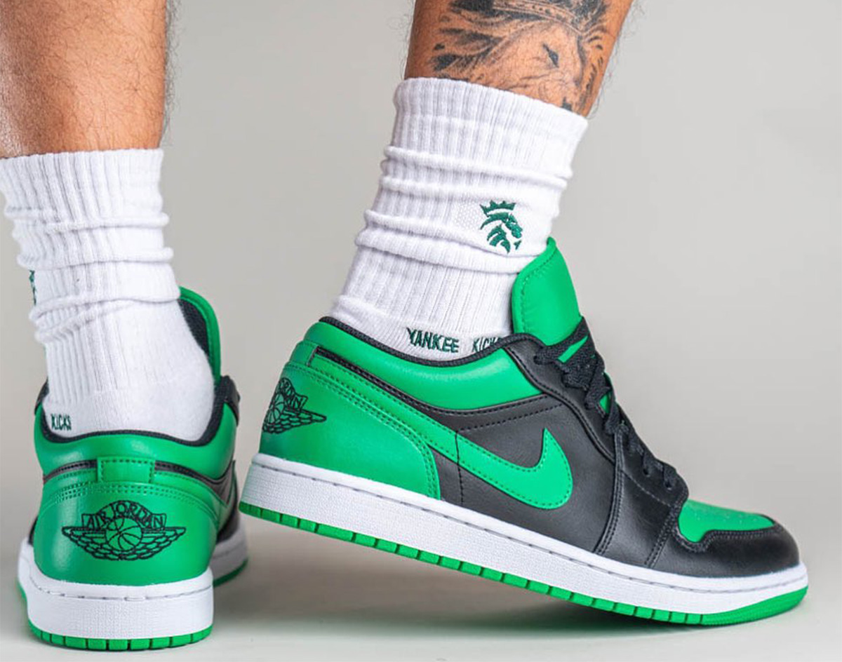 Air Jordan 1 Low Black Lucky Green 553558-065 On-Feet